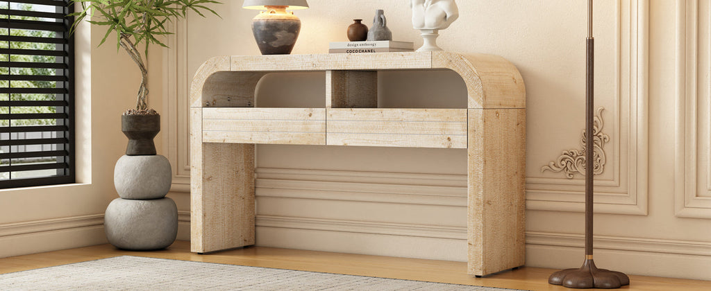 TREXM Console Table Entryway Table, Retro Curved Sofa Table with 2 Large Drawers, Narrow Console Table for Living Room Hallway Entrance, 52''×14''×31.5'', Natural Wood Wash