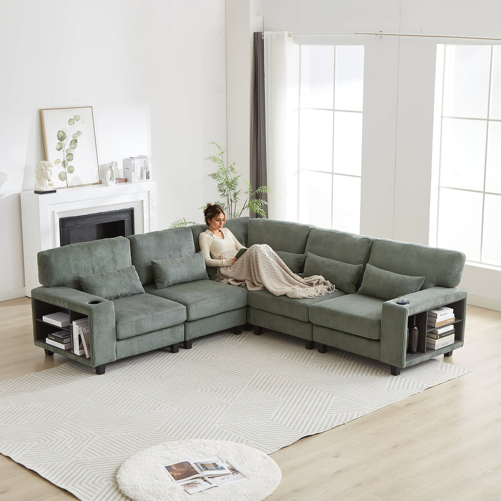 102.75*102.75' L-Shaped Modular Sectional Sofa, Modern Corduroy Sectional Sofa, Arm with Storage With Cup Holder 5-Seat Convertible Sectional Sofa for Living Room, Bedroom, Lounge and Projection Room