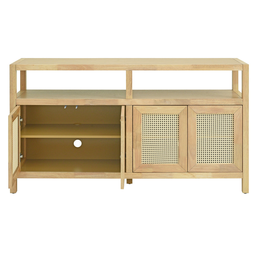 TREXM Bohemian Style Rattan Buffet Storage Cabinet with Solid Wood Frame, Sideboard with 3-position Adjustable Shelves for Living & Dining Rooms, No-Handle Push-to-Open Design (Natural)