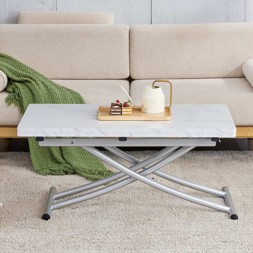 Modern minimalist multifunctional lift table with 0.8 inch MDF desktop and silver metal legs, can be used as a dressing table, coffee table, dining table, and office table