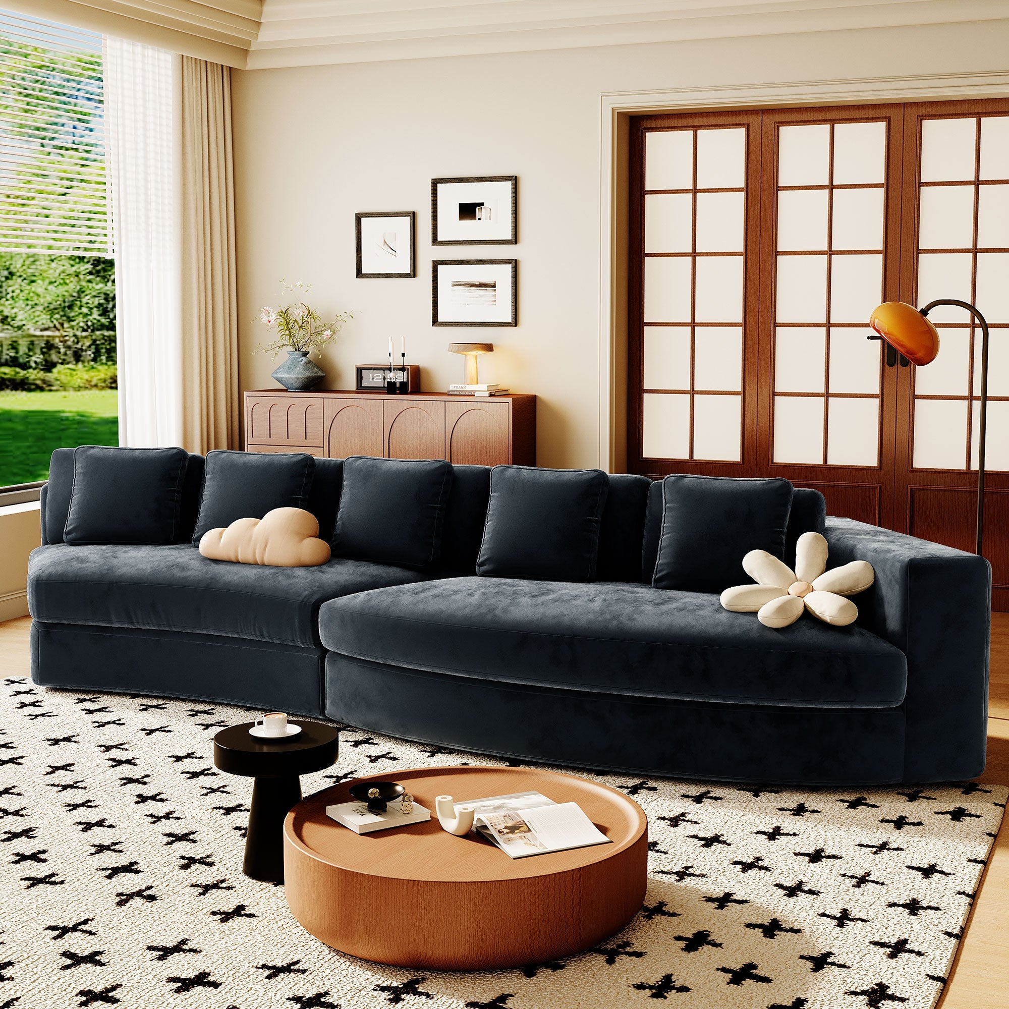 U_Style 115.7' Pure Foam Modular Sofa, 2-Piece Set with 5 Cushions, 4-Seater, Chenille Jacquard Fabric, Curved Design, No Assembly Required, Soft Upholstered Sofa for Living Room & Bedroom