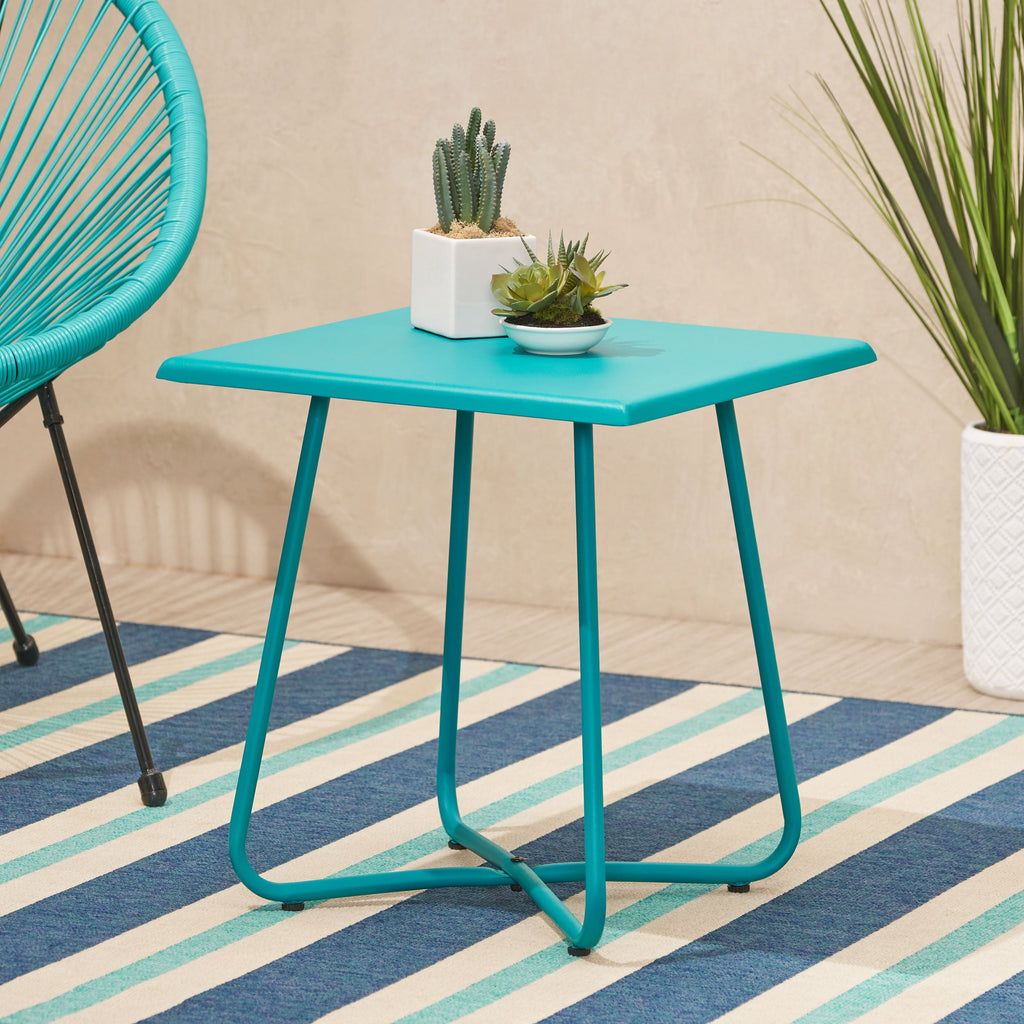 18' Outdoor Steel Side Table with X-Shape Bottom Crossing Legs, Teal
