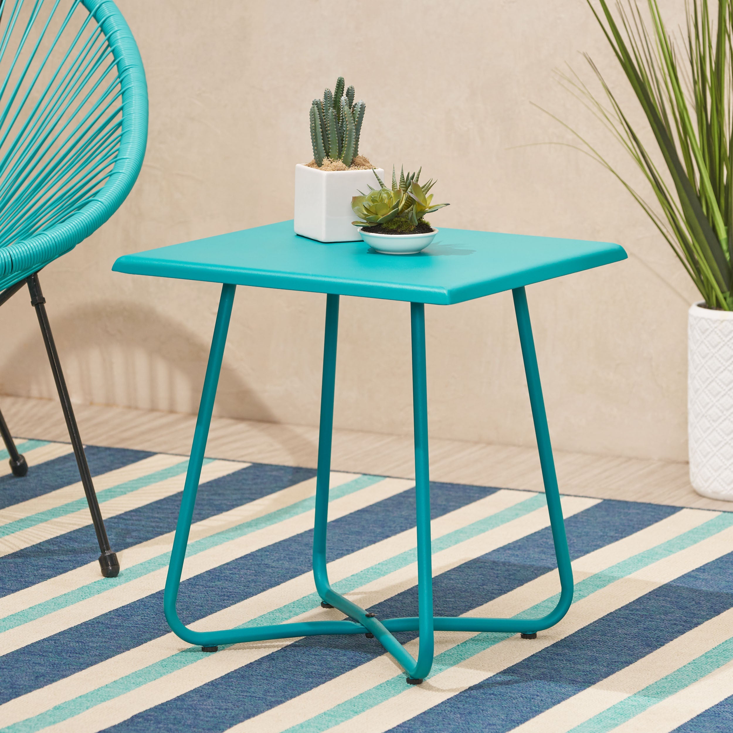 18' Outdoor Steel Side Table with X-Shape Bottom Crossing Legs, Teal