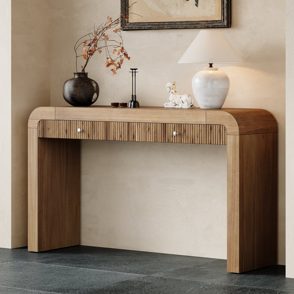 TREXM Rustic Console Table with Fluted Drawer Front, Entryway Table with Curved Corners & Thick Legs, Sturdy Sofa Table for Hallway & Living Room (Natural)