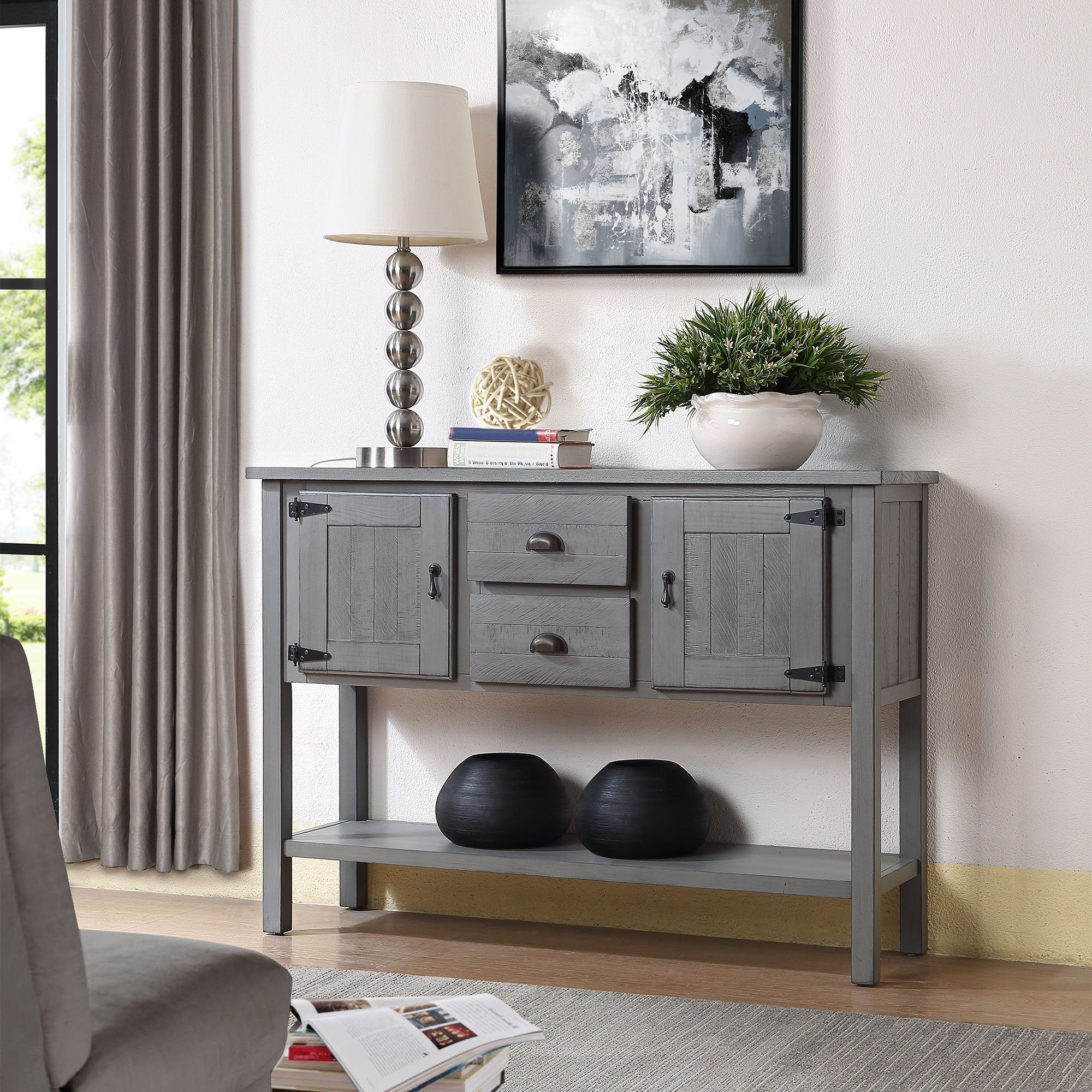 48'' Solid Wood Sideboard Console Table with 2 Drawers and Cabinets and Bottom Shelf, Retro Style Storage Dining Buffet Server Cabinet for Living Room Kitchen Dining Room(Antique Gray)