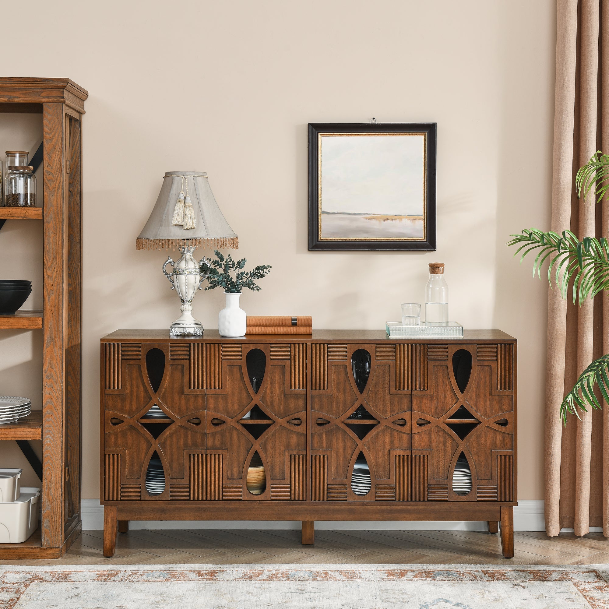 60.5' Mid Century Modern Sideboard Buffet Cabinet with Storage, TV Media Console Table, Storage Cabinet with 4 Doors & Adjustable Shelves for Kitchen Dining Living Room Entryway, Walnut