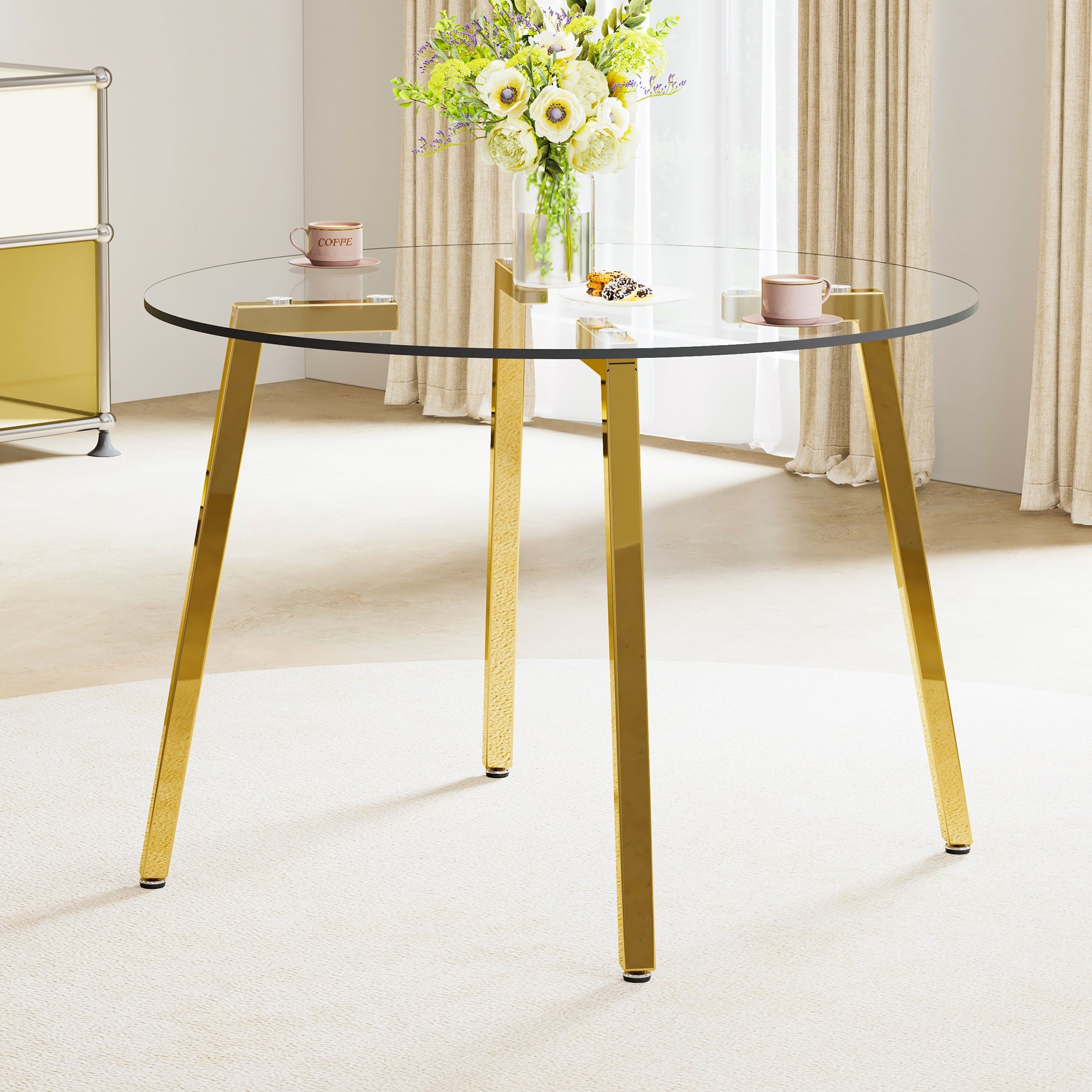 Modern minimalist style circular transparent tempered glass table, tempered glass tabletop, golden metal legs, suitable for kitchen, dining room, and living room, 42 '* 42' * 29.5 '1123r