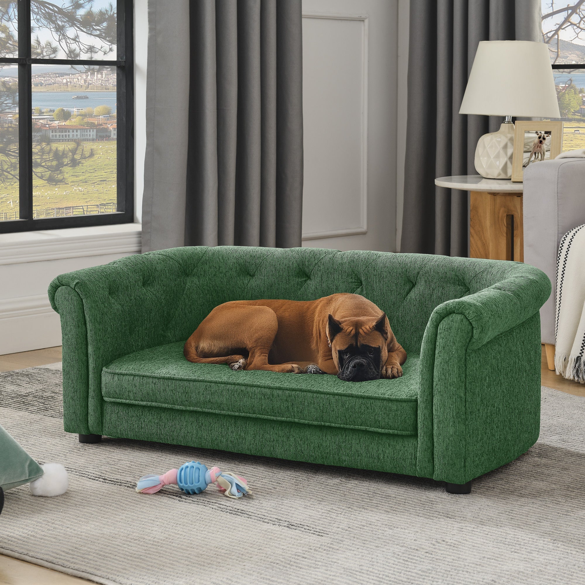 Pet sofa with arc-shaped backrest and armrests, contemporary rectangular pet sofa crafted from breathable linen  cozy soft cushion dog sofa --GREEN