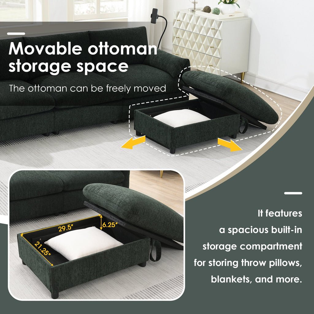 96.5'' Chenille Sectional Sofa with Storage Ottoman and Pockets,Adjustable Phone Holder,Wide Seat,4 Seat L Shaped Couch Set,Comfy Sofa with USB Charger for Living Room,Apartment,3 Colors