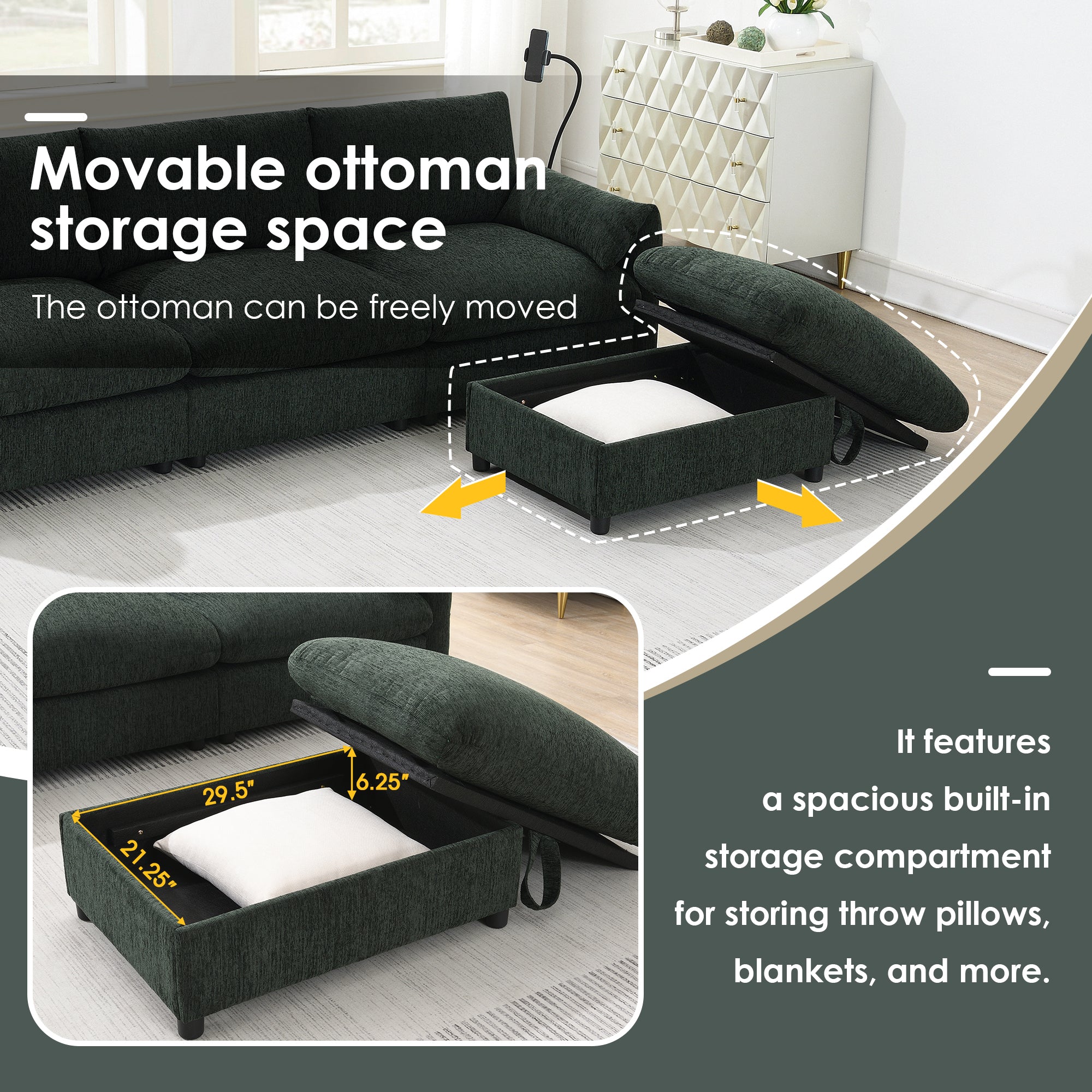 96.5'' Chenille Sectional Sofa with Storage Ottoman and Pockets,Adjustable Phone Holder,Wide Seat,4 Seat L Shaped Couch Set,Comfy Sofa with USB Charger for Living Room,Apartment,3 Colors