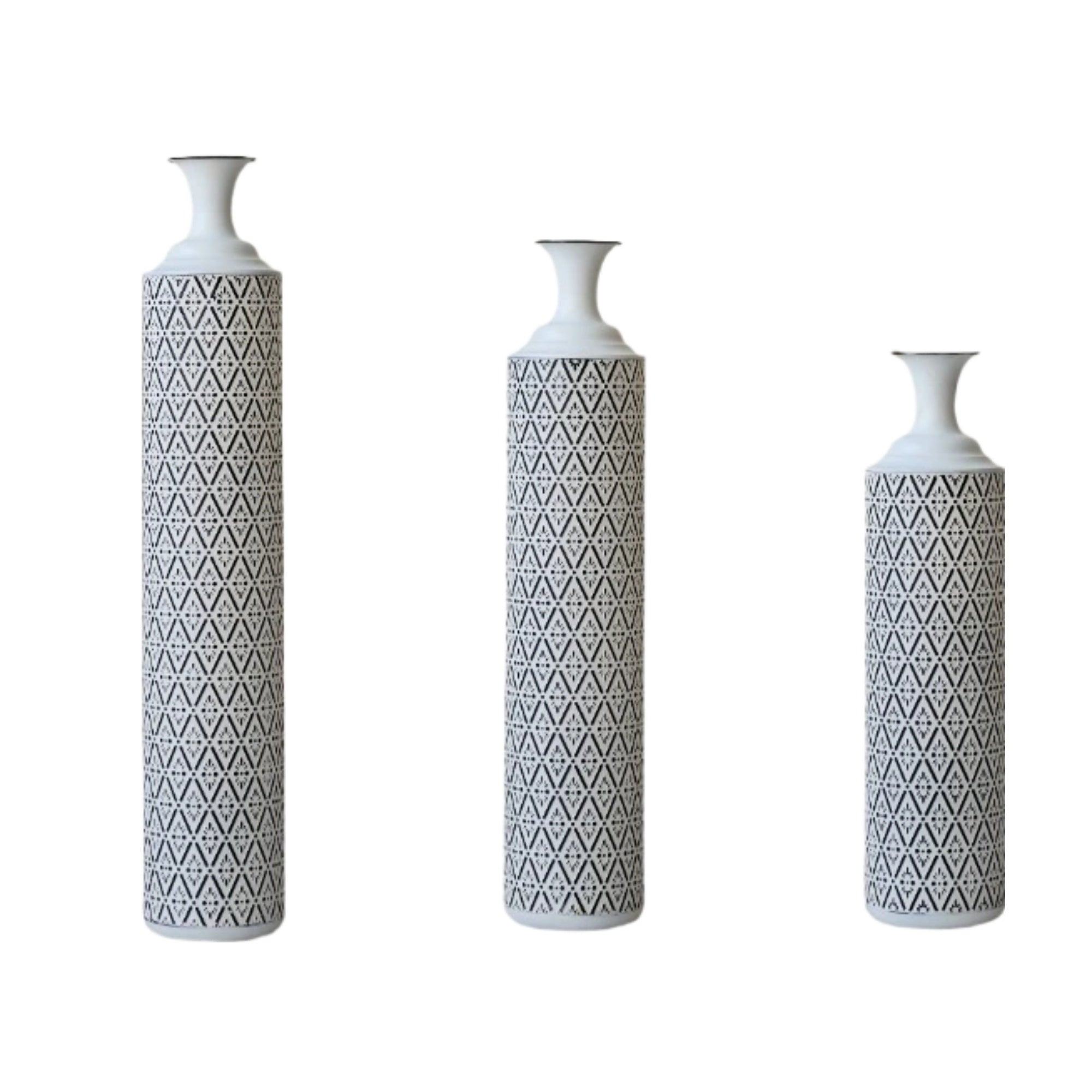 Modern Floor Vase Set – White & Black Metal Vases with Geometric Pattern – 3-Piece Home Decor Set in 24.8 in, 29.13 in & 33.85 in Heights