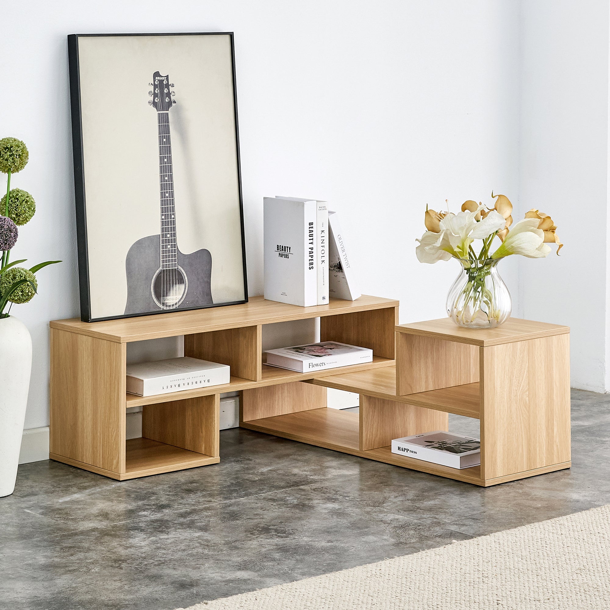 2-Piece Cube TV Stand and L-Shaped Entertainment Center with Open Storage and 2 Shelves – Burly Wood MDF