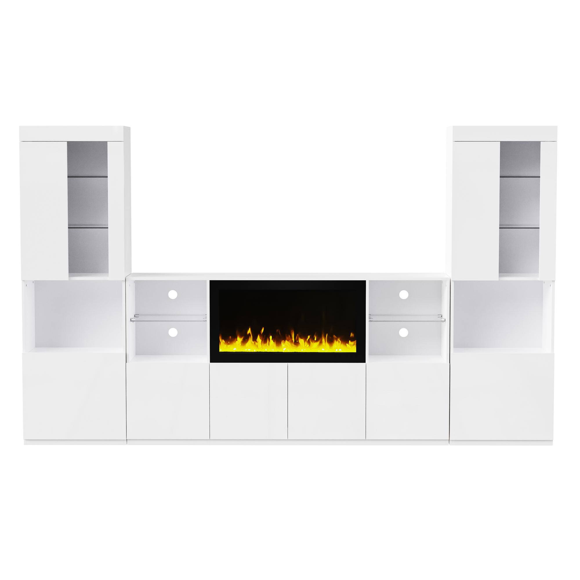 ON-TREND Modern TV Stand with 34.2' Non-heating Electric Fireplace, High Gloss Entertainment Center with LED Lights, Media Console with Tempered Glass Shelves for TVs up to 75', White