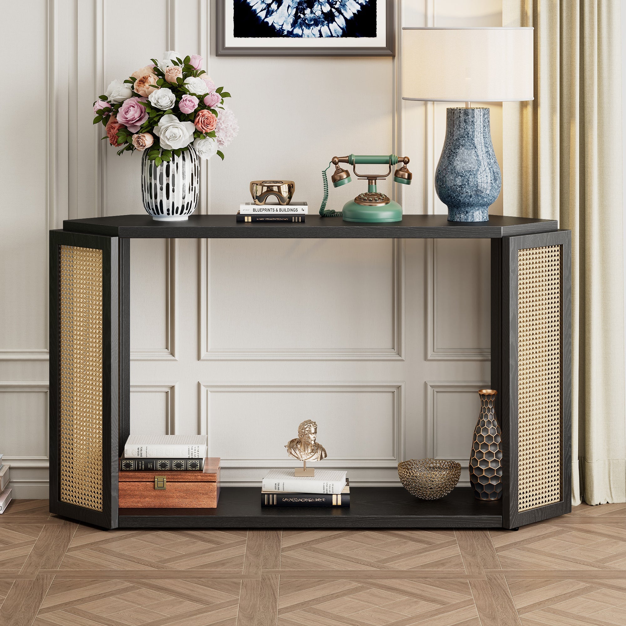 TREXM Narrow Console Table with Unique Irregular Top Design, Entryway Table with Open Shelf, Rattan Sofa Table for Living Room Hallway and Entrance (Black)