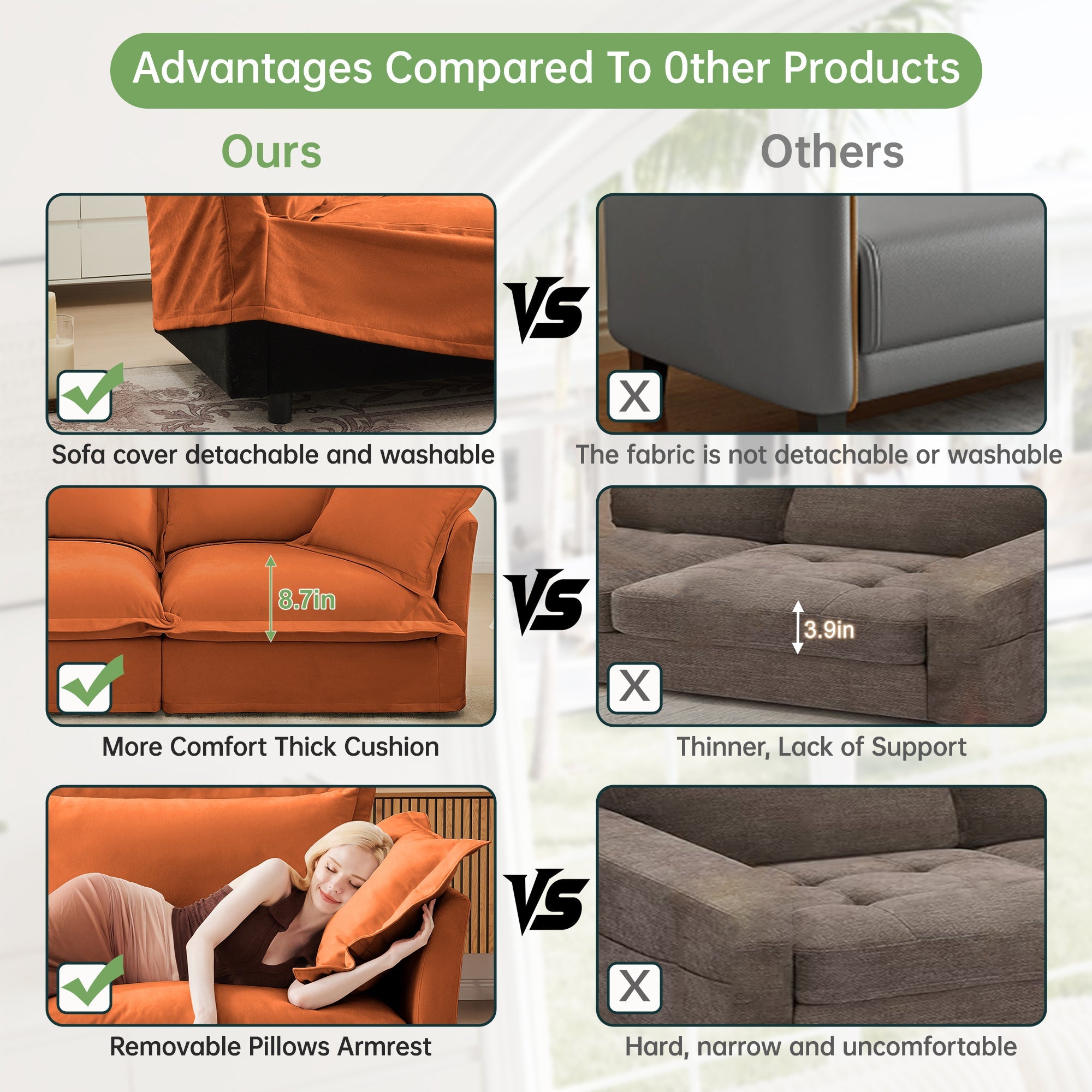 Slipcovered U Shape Sectional Wide and Deep Seat Sofa Couch, 4 Seater Sofa with French Edges Design Multiple Big Pillows, Soft Deep Seat Comfy Cloud Couch for Living Room, Apartment, Chenille Fabric