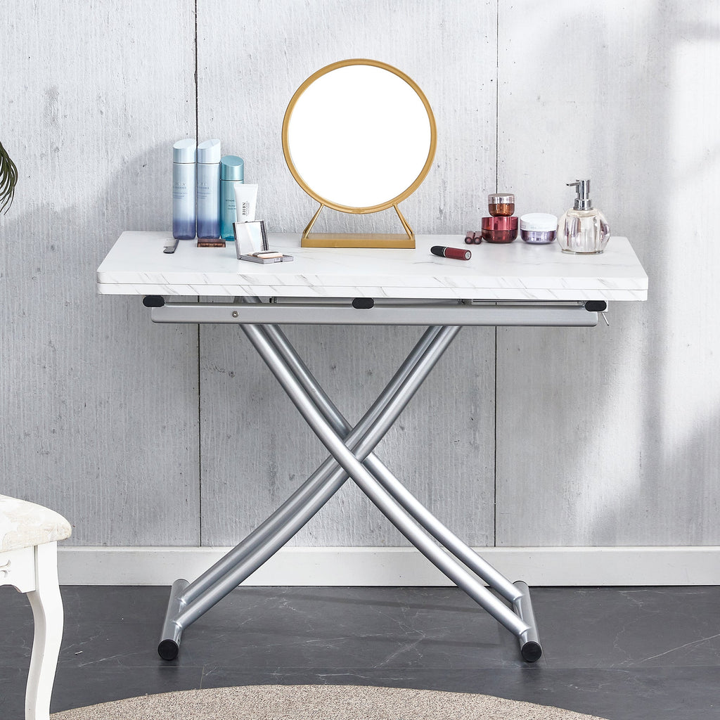 Modern minimalist multifunctional lift table with 0.8 inch MDF desktop and silver metal legs, can be used as a dressing table, coffee table, dining table, and office table
