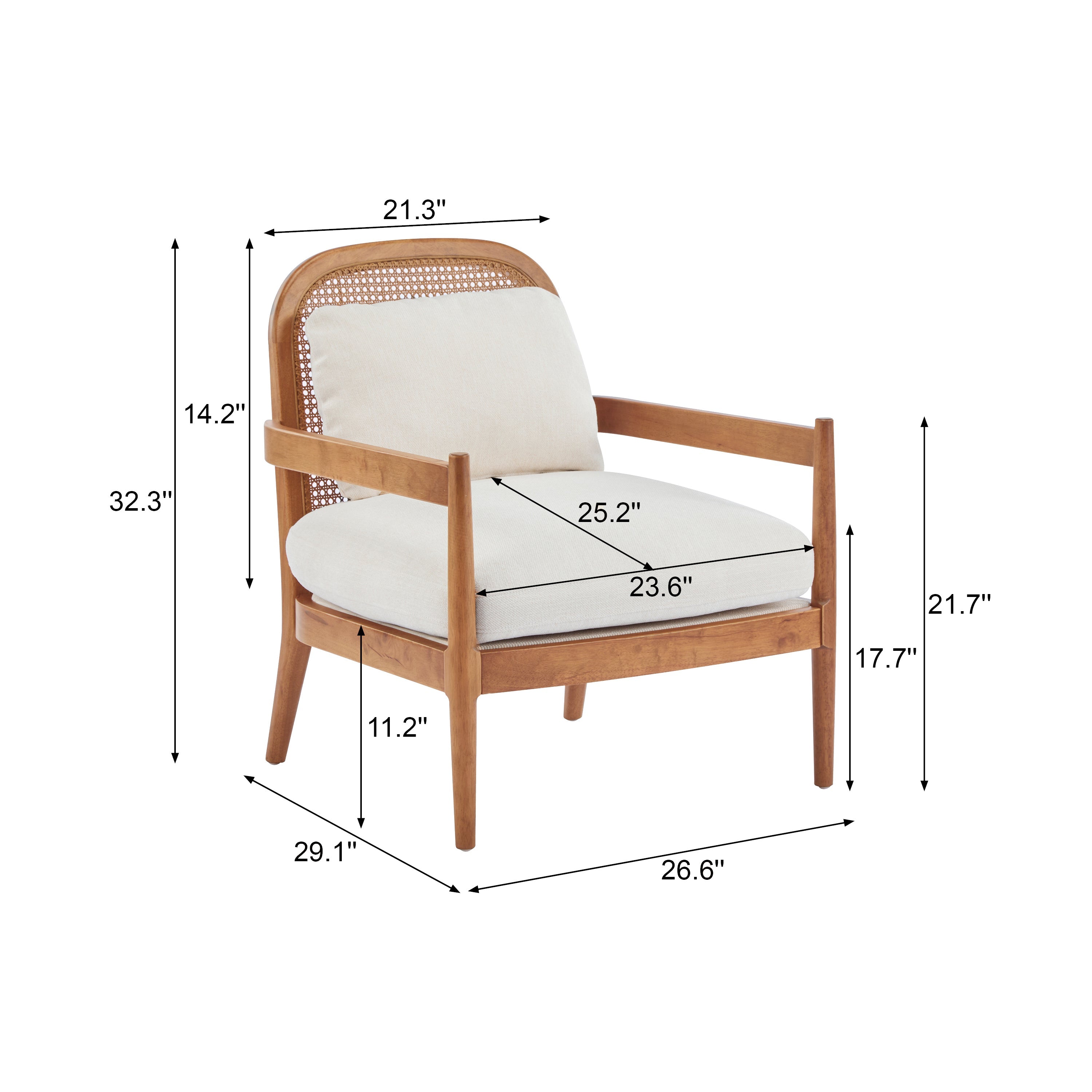 [Set of 2] 26.6' Mid-Century Modern Accent Chair with Light Brown Finish Solid Wood Frame and Rattan Backrest, Beige Cushion, Comfy Armchairs for Living Room, Bedroom, Reading Nook