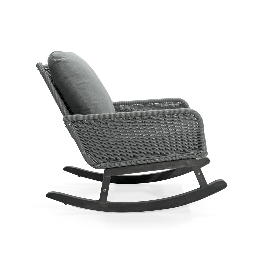 Modern 3-Piece Outdoor Seating Set with Gray Cushioned PE Rattan Rocking Chairs and Wooden Accent Table, Perfect for Patio or Balcony Relaxation
