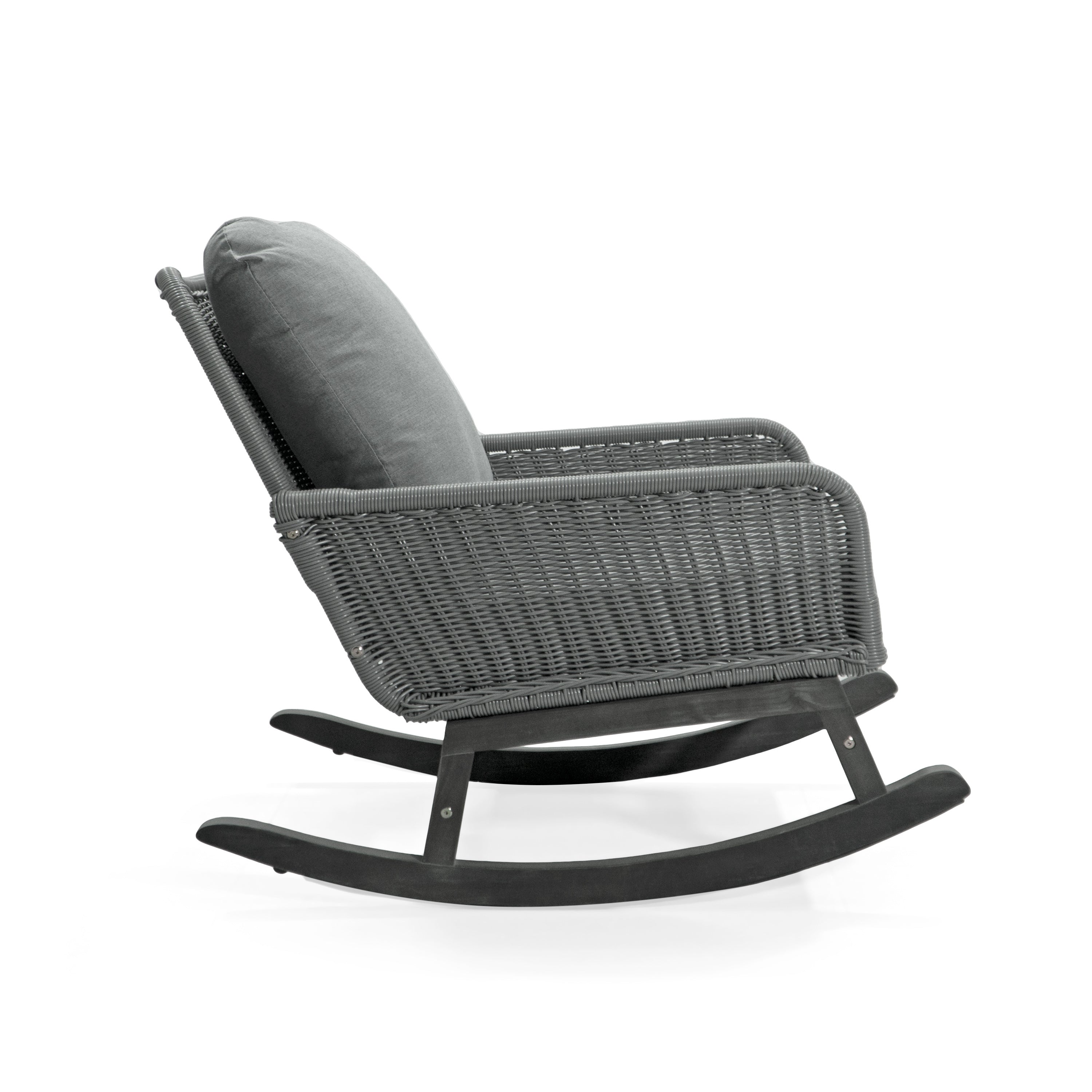 Modern 3-Piece Outdoor Seating Set with Gray Cushioned PE Rattan Rocking Chairs and Wooden Accent Table, Perfect for Patio or Balcony Relaxation