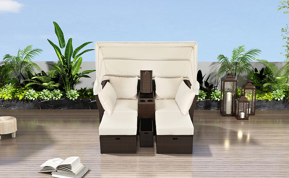 2-Seater Outdoor Patio Daybed Outdoor Double Daybed Outdoor Loveseat Sofa Set with Foldable Awning and Cushions for Garden, Balcony, Poolside, Beige