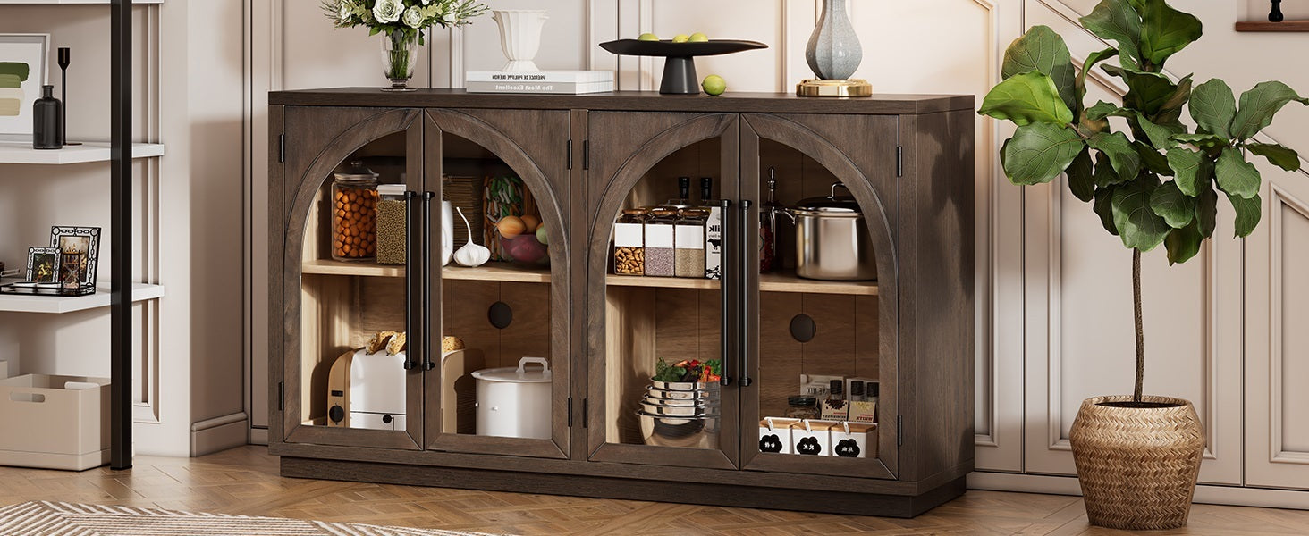 TREXM 4-Door Large Storage Sideboard Buffet Cabinet with Glass Doors, Arched Cabinet with Adjustable Shelves for Kitchen, Dining Room and Living Room (Espresso)