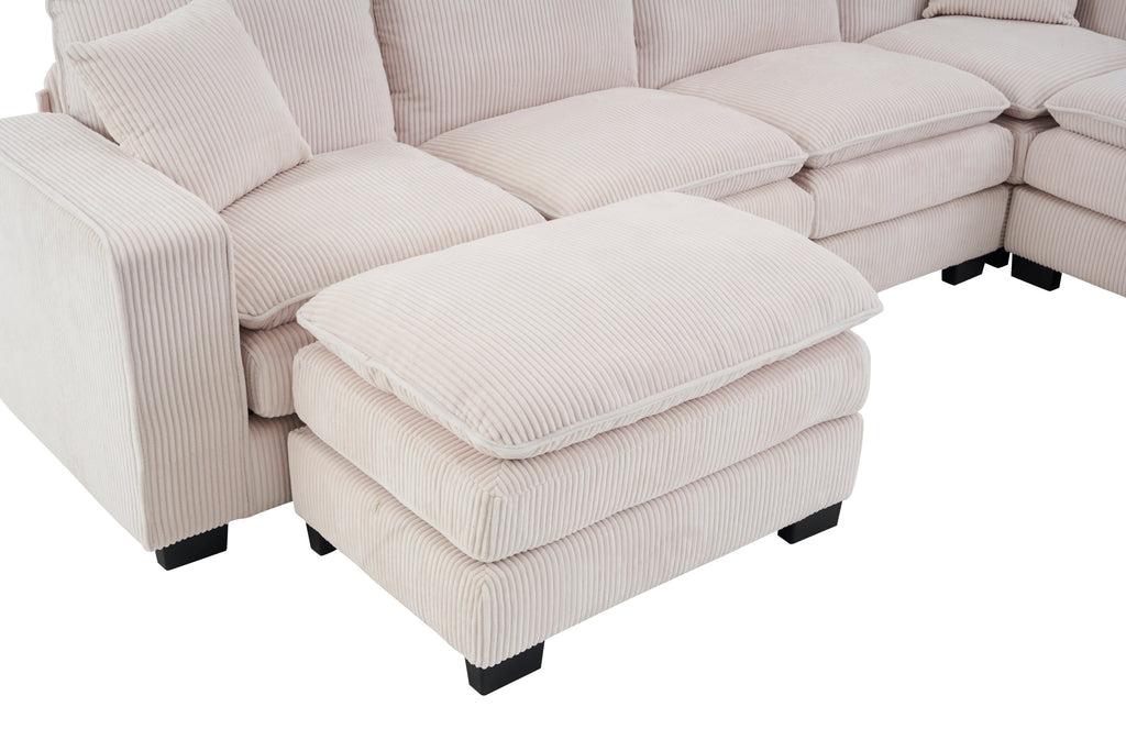 Modern U Shaped 6-seat Sectional Sofa Couch with one Ottoman and three toss pillows ,Modular Sofa for Living Room,Corduroy sofa