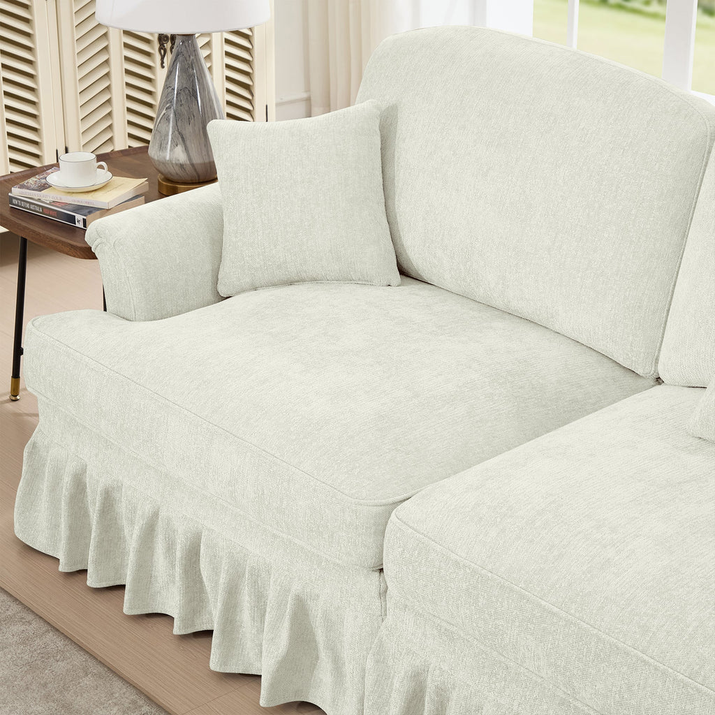 Classic 2 Piece Modular Couch Living Room Sofa Set with Flared Arms and Removable Ruffles Pleats Skirts and Spindle Legs, 2 Seater Sofa + 2-Seat Loveseat Sofa Sets for Living Room, Beige White
