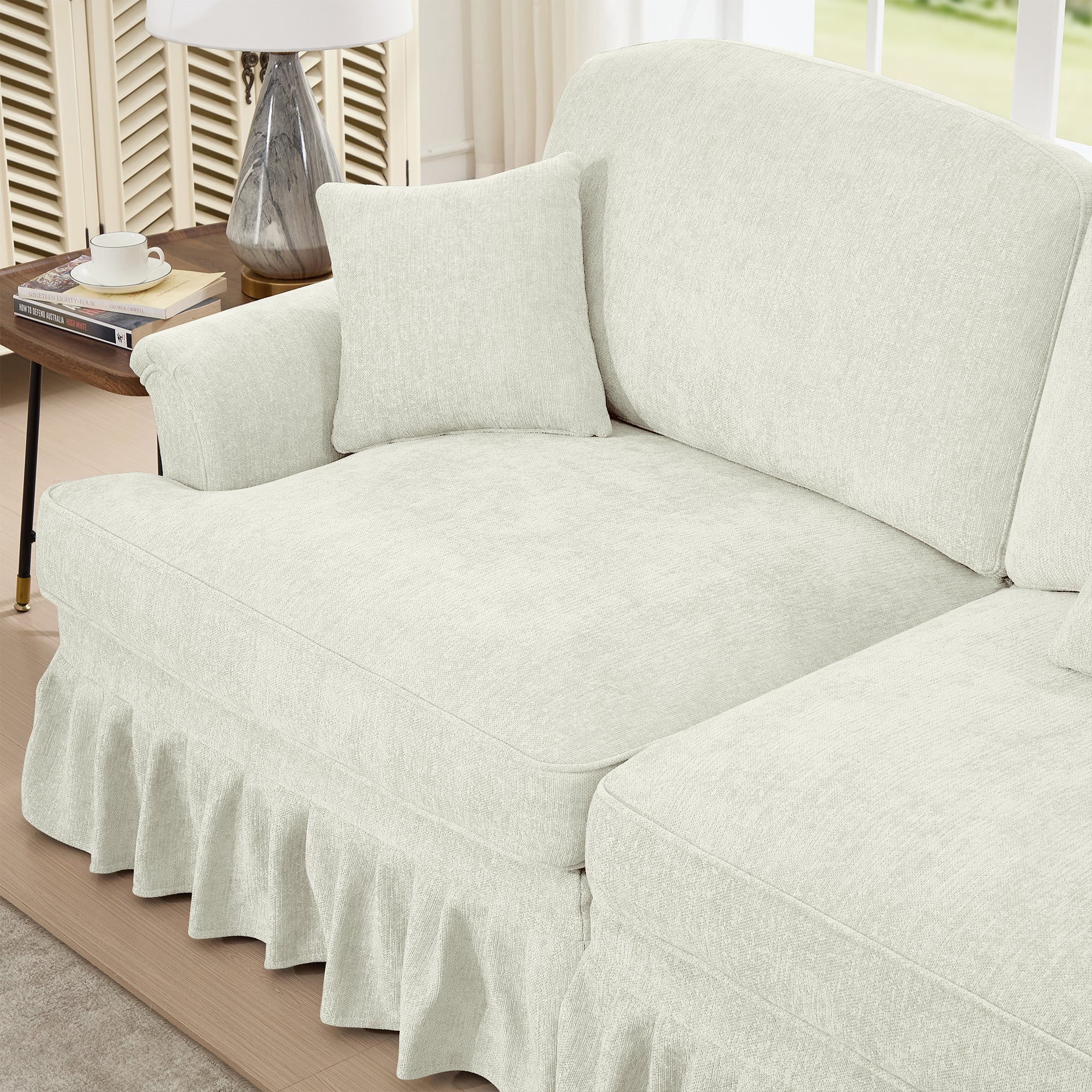 Classic Comfy Modular U Shape Sectional Sofa Couch with Flared Arms and Removable Ruffles Pleats Skirts and Spindle Legs, Upholstered Chenille Deep Seat Cloud Sofa with Movable Ottomans, Beige White