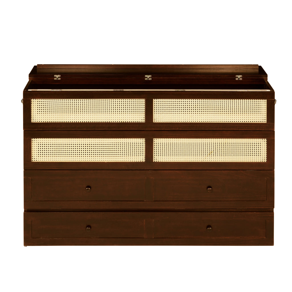 Queen Size Murphy Bed, Pine Wood Cabinet Bed with Rattan Decoration and Storage Drawer,Walnut