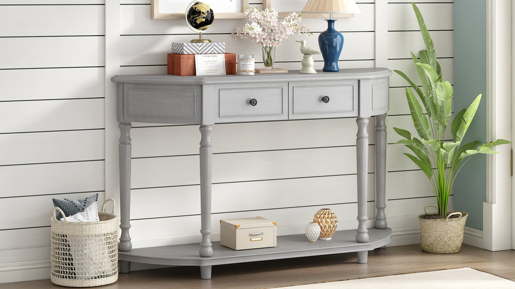 TREXM Retro Circular Curved Design Console Table with Open Style Shelf Solid Wooden Frame and Legs Two Top Drawers (Gray Wash, OLD SKU: WF298768AAE)