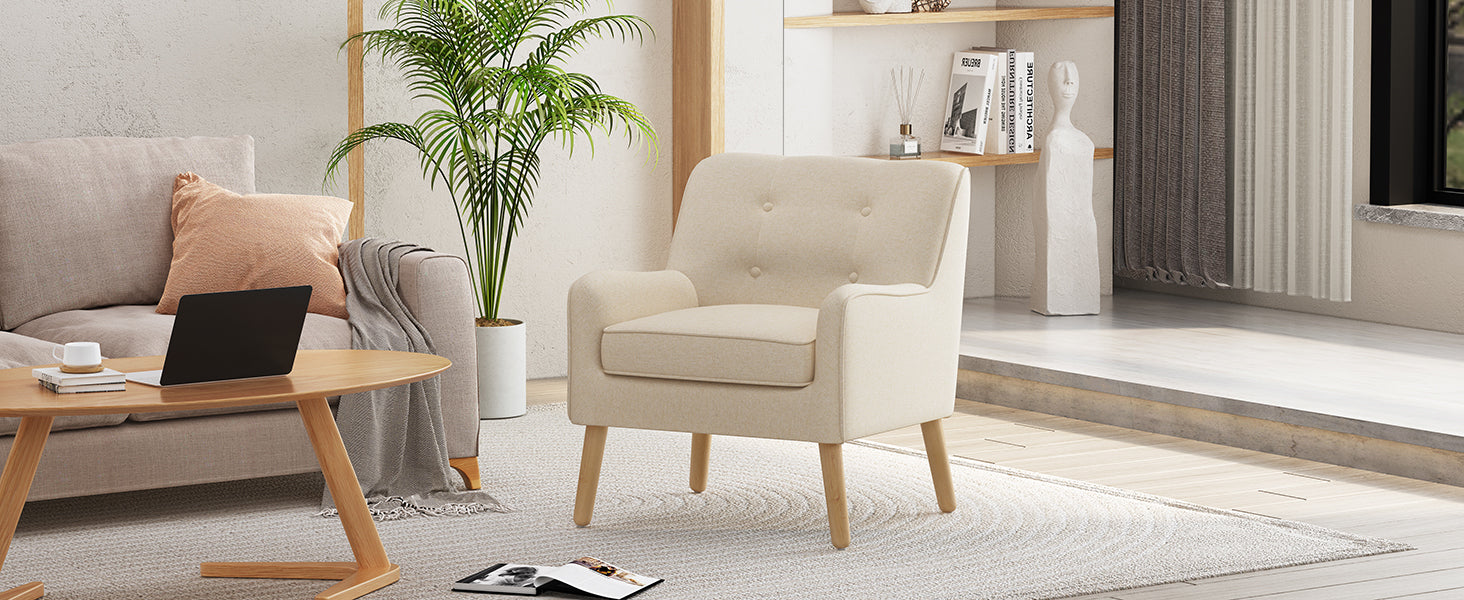 Mid-Century Modern Armchair - Tufted Fabric Accent Chair with Solid Wood Legs for Living Room, Bedroom & Office - Comfortable Polyester Upholstery - Classic Button-Tufted Back & Tapered Design