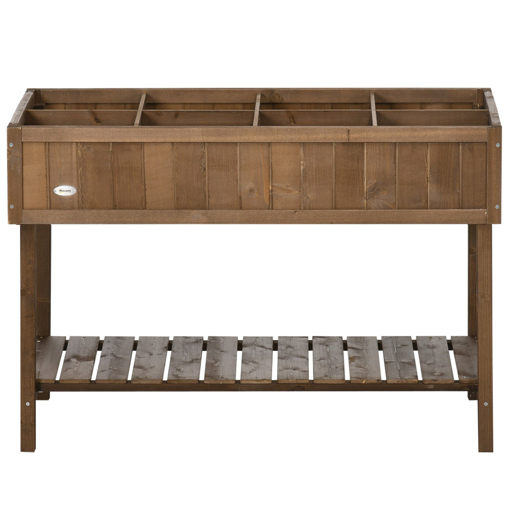 Outsunny 43x18x30in Raised Garden Bed with 8 Pockets and Shelf, Wooden Elevated Planter Box with Legs to Grow Herbs, Vegetables, and Flowers, Dark Brown