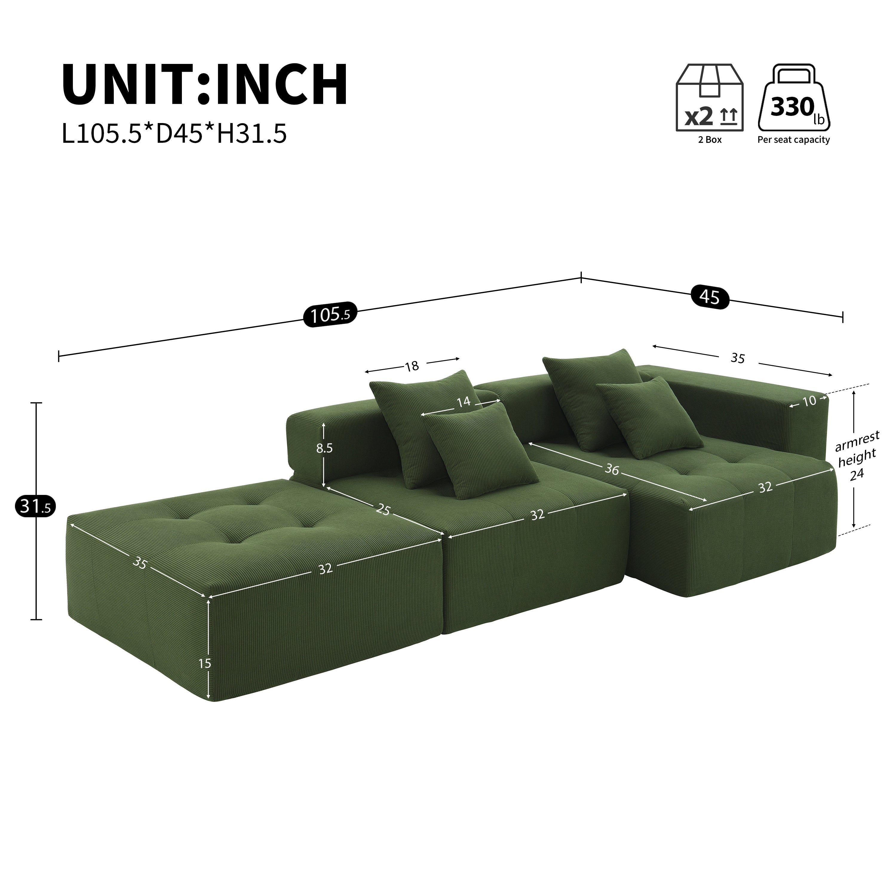 105.5''L Shaped Modular Sectional Sofa,Wide and Deep Seat,Minimalist Wrinkle-resistant Corduroy Couch,Full Compressed Cloud Couch for Living Room,3 PC Free Combination,No Assembly Required,3 Colors