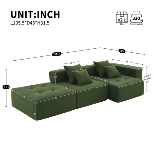 105.5''L Shaped Modular Sectional Sofa,Wide and Deep Seat,Minimalist Wrinkle-resistant Corduroy Couch,Full Compressed Cloud Couch for Living Room,3 PC Free Combination,No Assembly Required,3 Colors