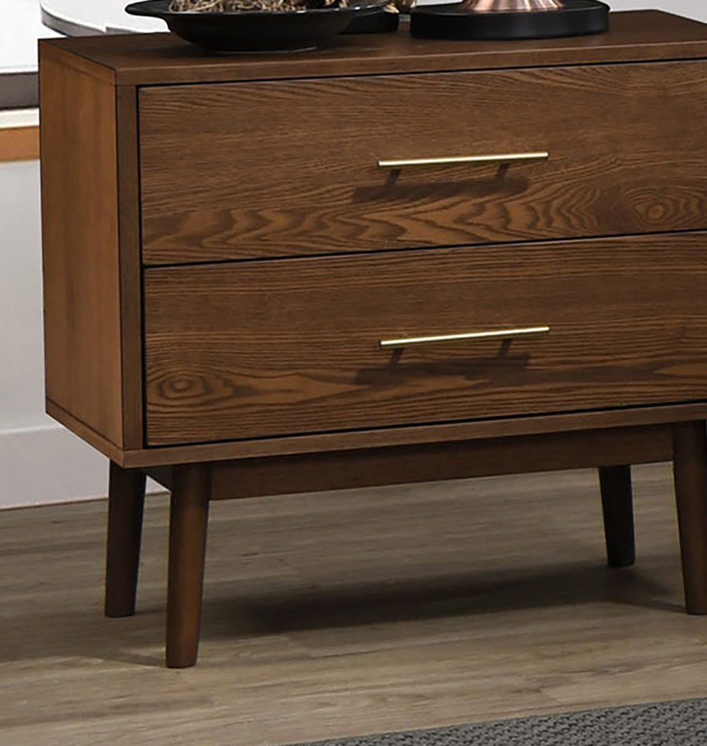 Walnut 1pc Nightstand Solid wood Bedside Table Nickle Bar Pulls 2-Drawers Round Tapered Legs Bedroom Modern Style