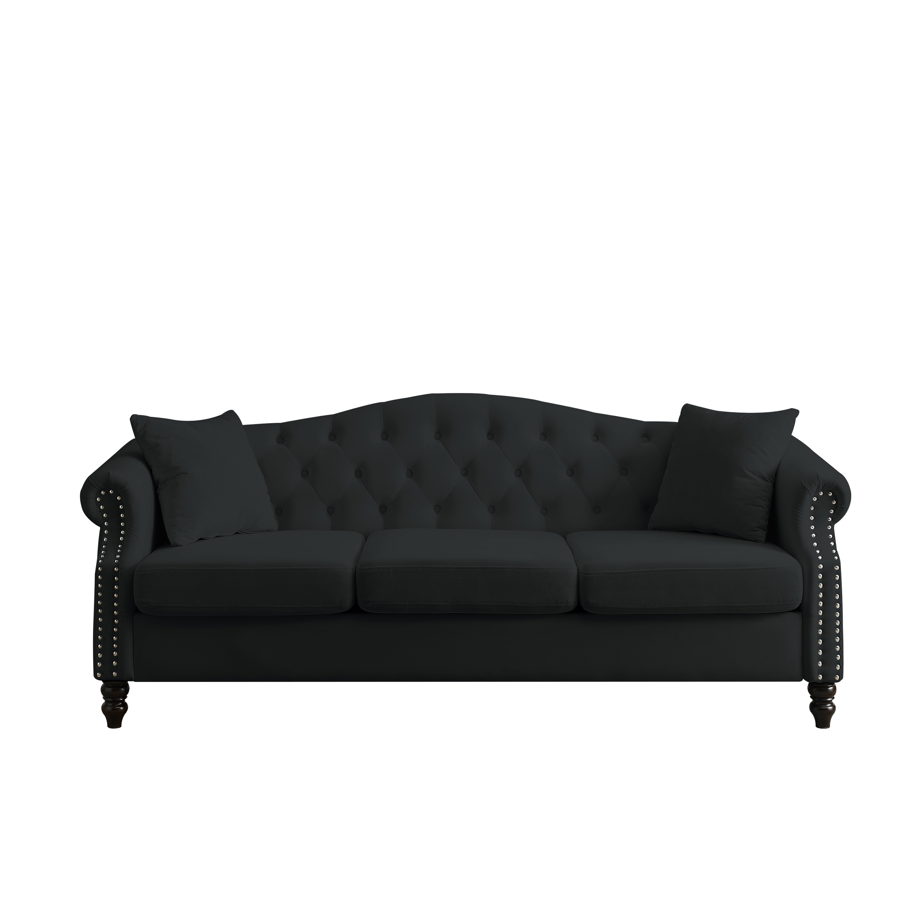 [Video] 79' Chesterfield Sofa Black Velvet for Living Room, 3 Seater Sofa Tufted Couch with Rolled Arms and Nailhead for Living Room, Bedroom, Office, Apartment, 3S+3S