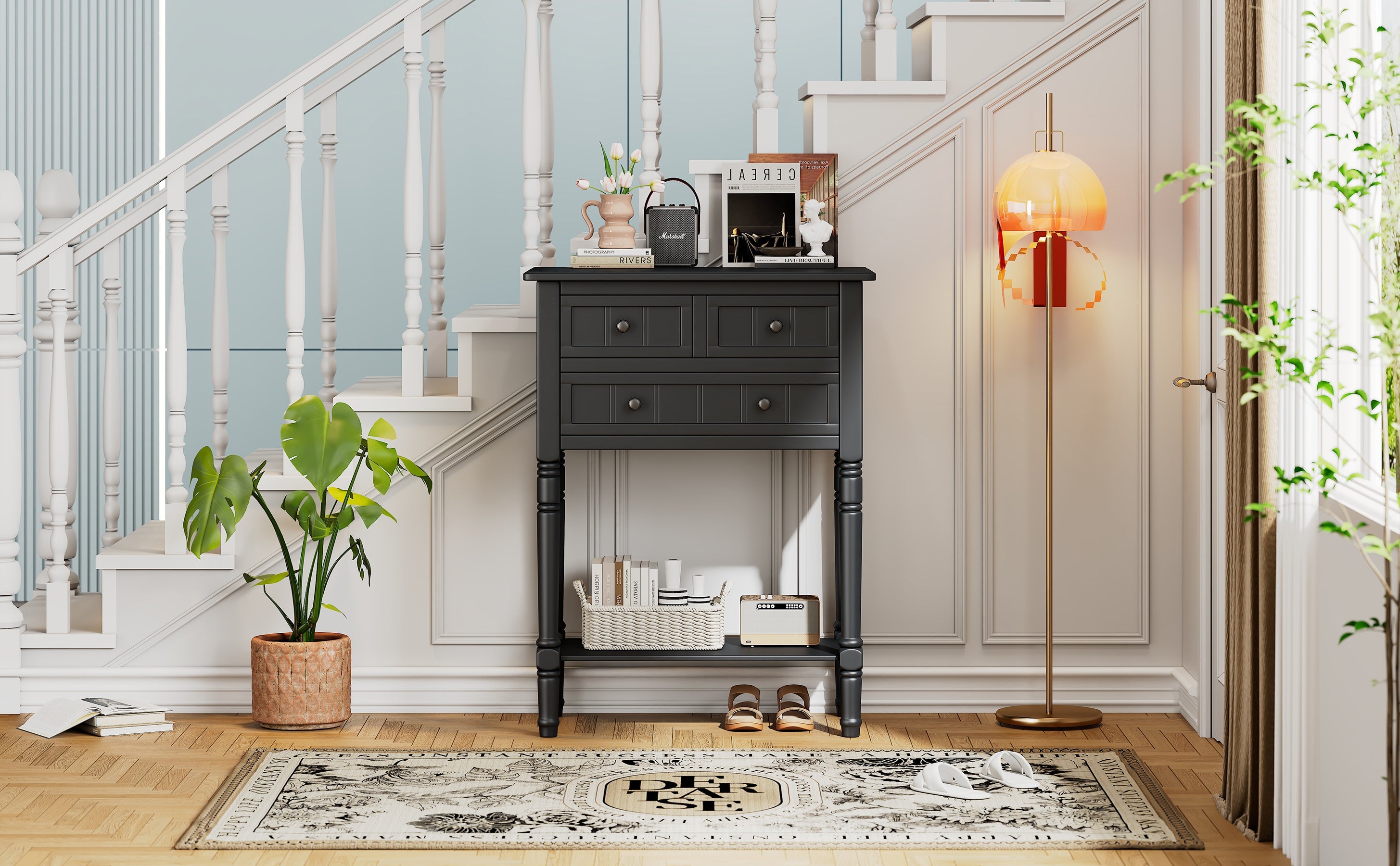 TREXM Narrow Console Table, Slim Sofa Table with Three Storage Drawers and Bottom Shelf (Black)
