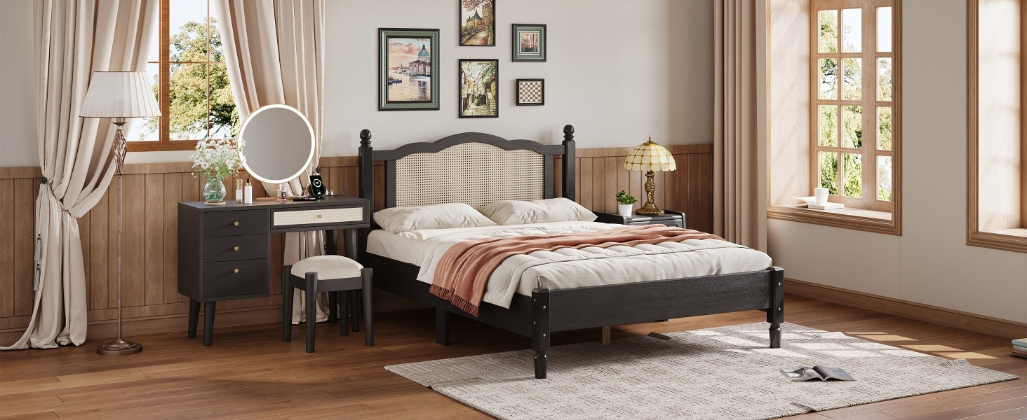 3 Pieces Bedroom Set with Full Size Wooden Bed Frame, 1 Vintage  Nightstand and 1 Makeup Vanity Set with Stool,Black