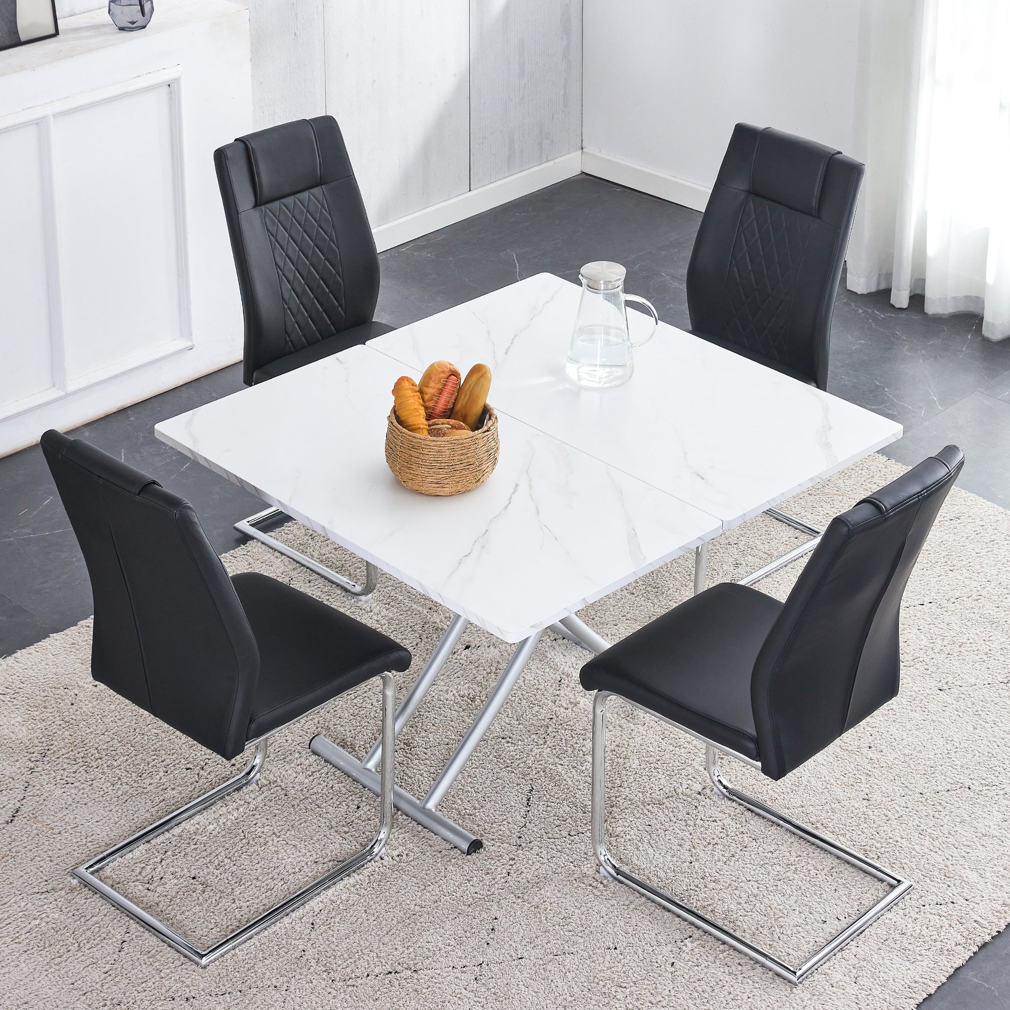 Modern minimalist multifunctional lift table with 0.8 inch MDF desktop and silver metal legs, can be used as a dressing table, coffee table, dining table, and office table
