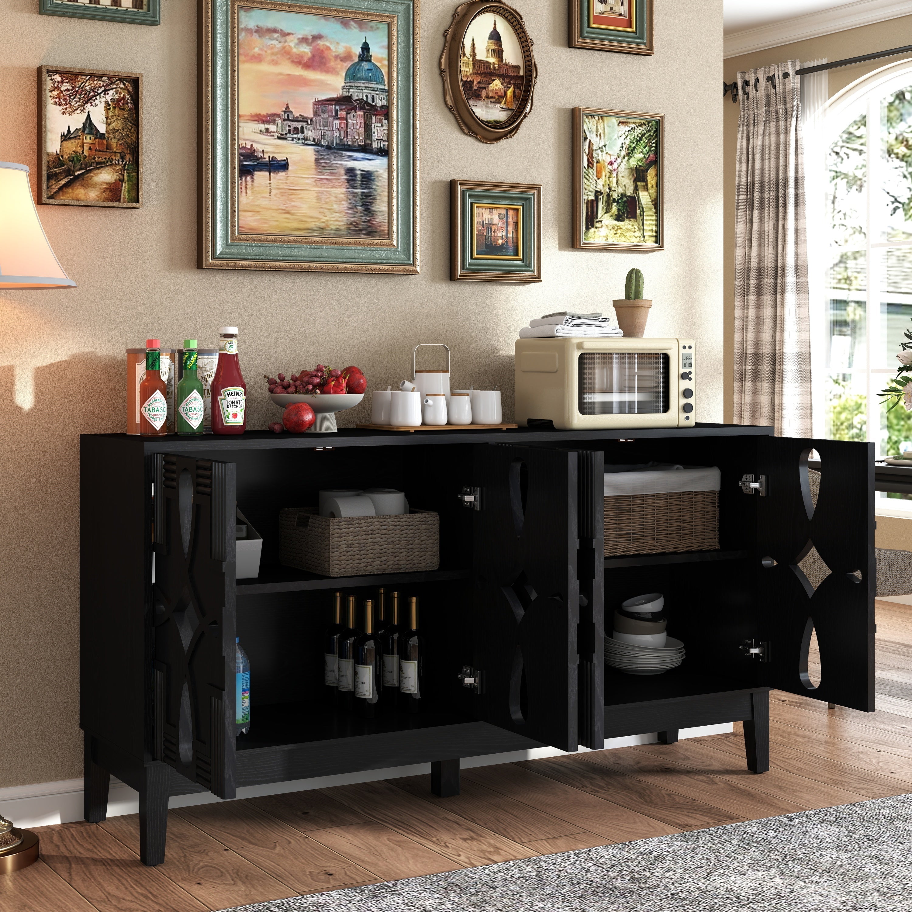 60.5' Mid Century Modern Sideboard Buffet Cabinet with Storage, TV Media Console Table, Storage Cabinet with 4 Doors & Adjustable Shelves for Kitchen Dining Living Room Entryway, Black