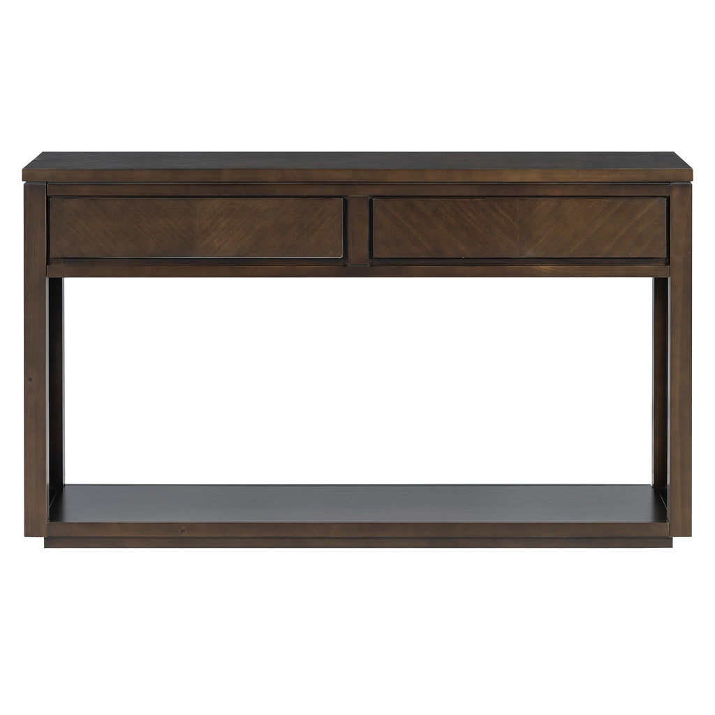 TREXM 55' Console Table, Rustic Wooden Entryway Table with Storage Drawers and Open Shelf, Elegant Sofa Table for Hallway and Living Room (Brown)
