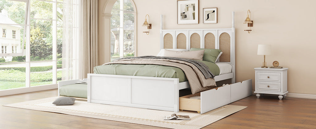 Queen Size Rattan Platform Bed With with 2 Big Drawers, T Size Trundle, White