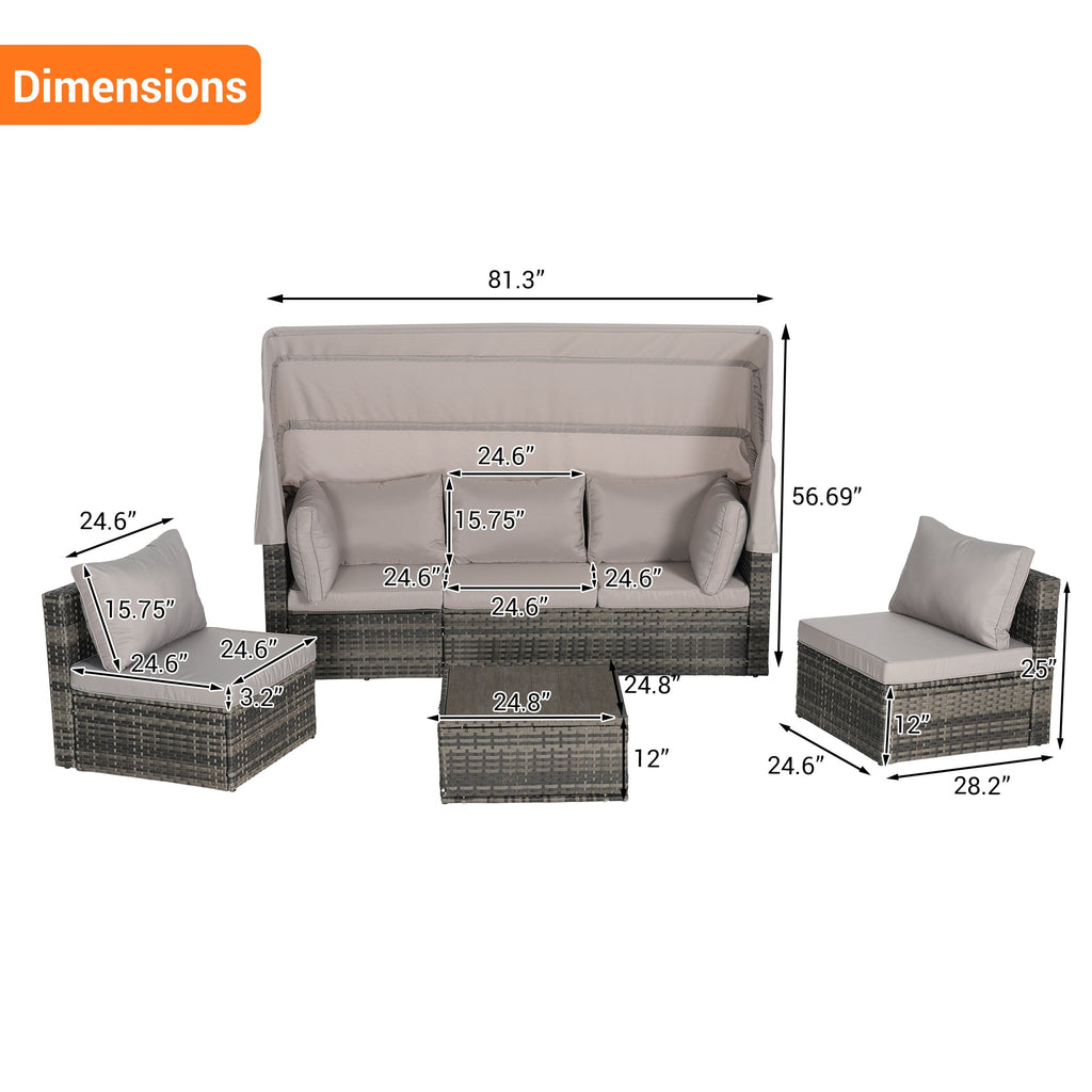 5 Pieces Outdoor Patio Wicker Daybed Furniture Set with Retractable Canopy, Storable Side Table, and Soft Cushions for Relaxing in Your Backyard or Porch