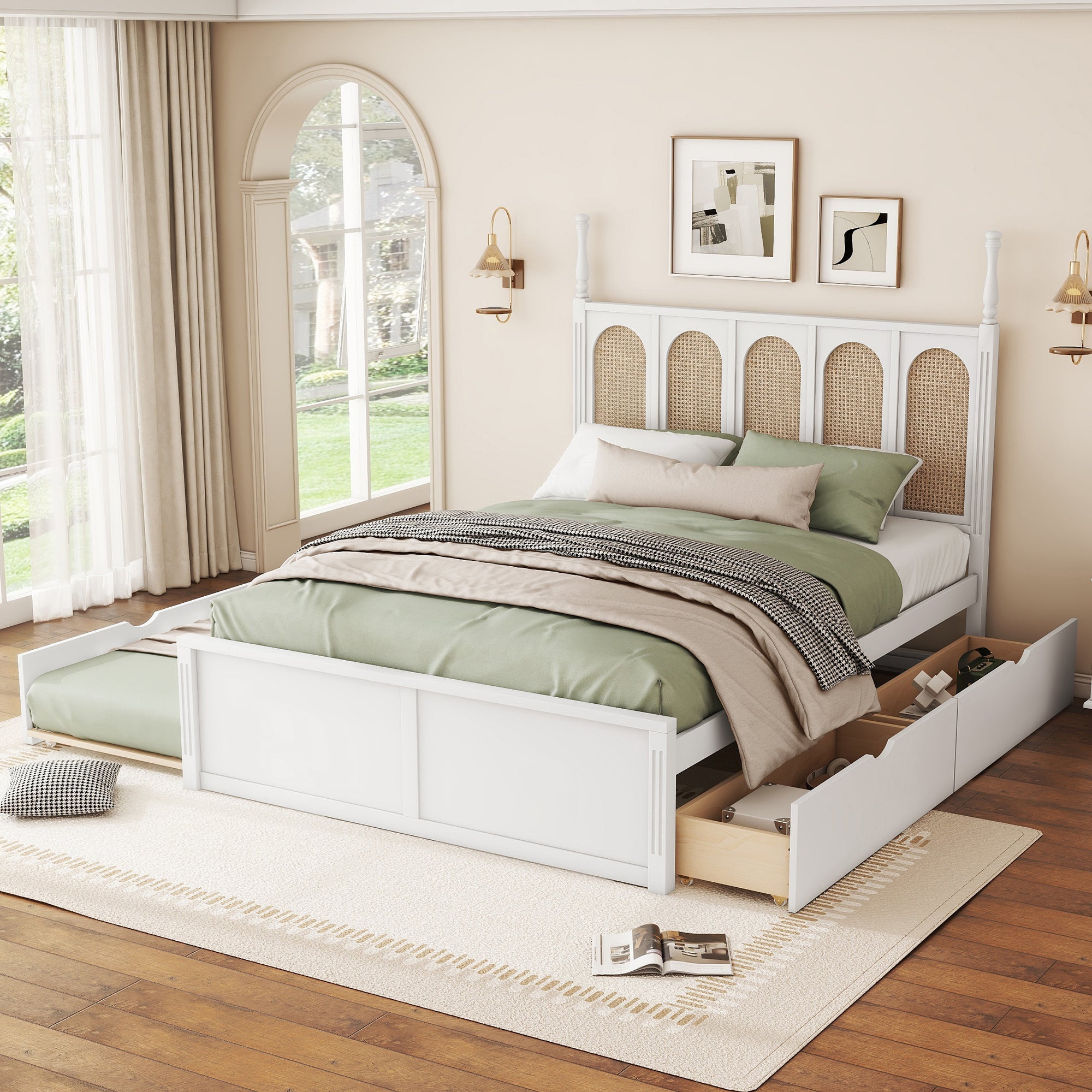 Queen Size Rattan Platform Bed With with 2 Big Drawers, T Size Trundle, White