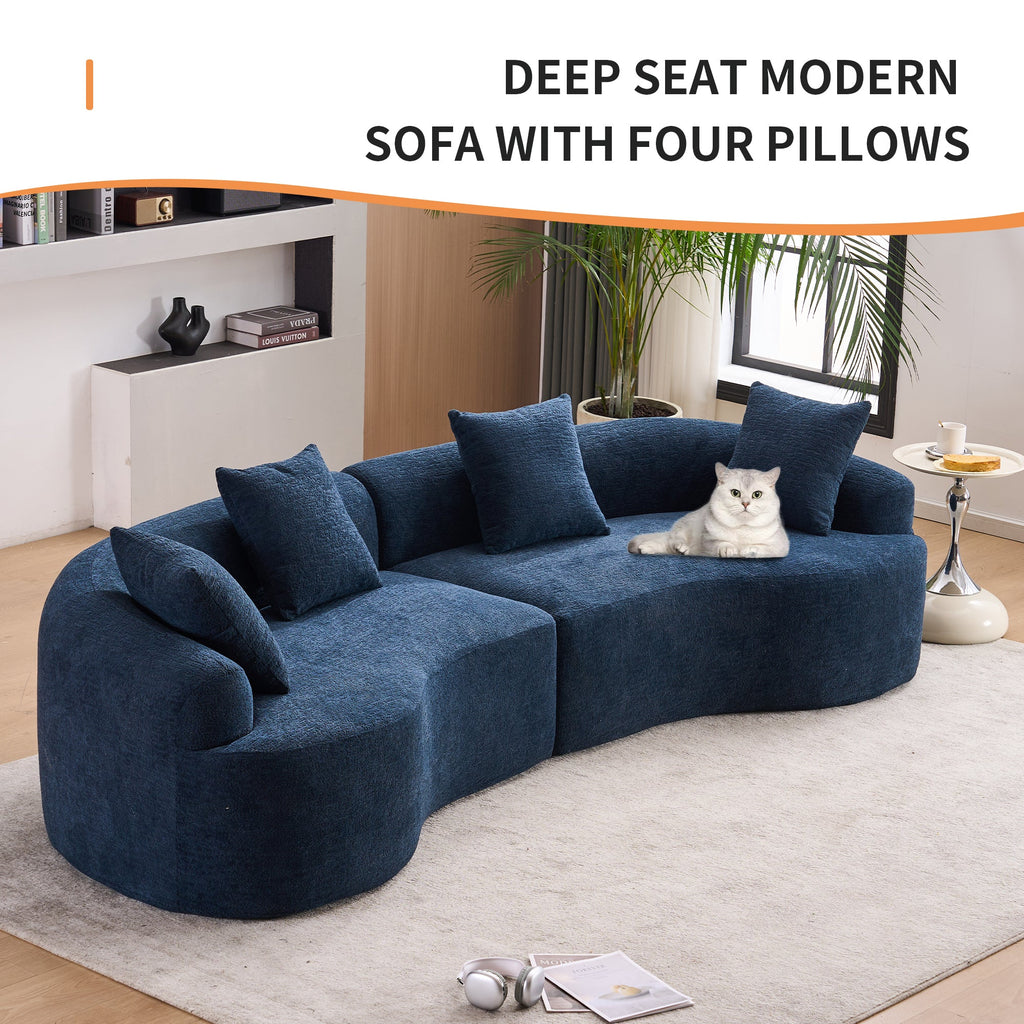 Compression Sponge Sofa Blue Curved Modular Sectional, 30D High-Density Chenille Sleeper Couch for Apartment, Living Room,110'L