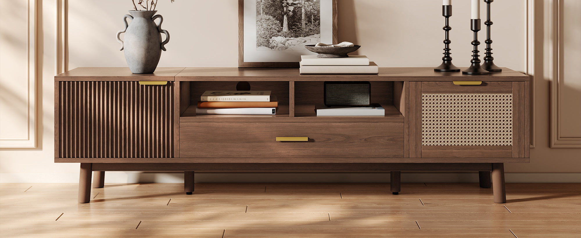 Wood Fashionable TV Stand for 75' TVs, TV Cabinet with Soft-Closing Door and Drop-Down Door Cabinet, Modern TV Consoles for Living Room, Bedroom