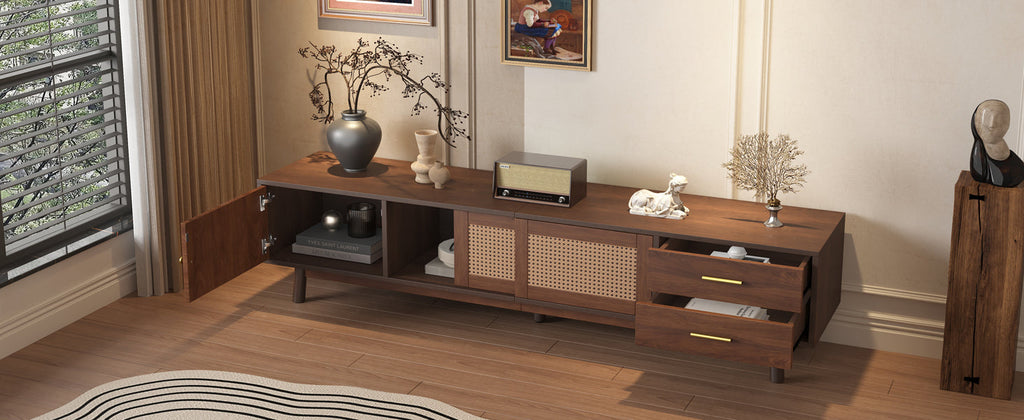 Mid Century Modern TV Stand for 80' TVs, Entertainment Center with Sliding Doors and Drawers, TV Table with Storage for Living Room, Bedroom