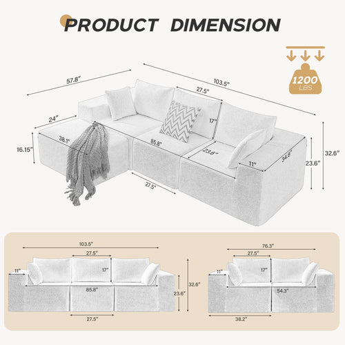 103' Modular Sectional Sofa, L Shaped Cloud Sectional Couch with Deep Seats, Modern Boneless Couch with Chaise, No Assembly Foam Couches, Upholstered Couches for Living Room & Bedroom & Game Room