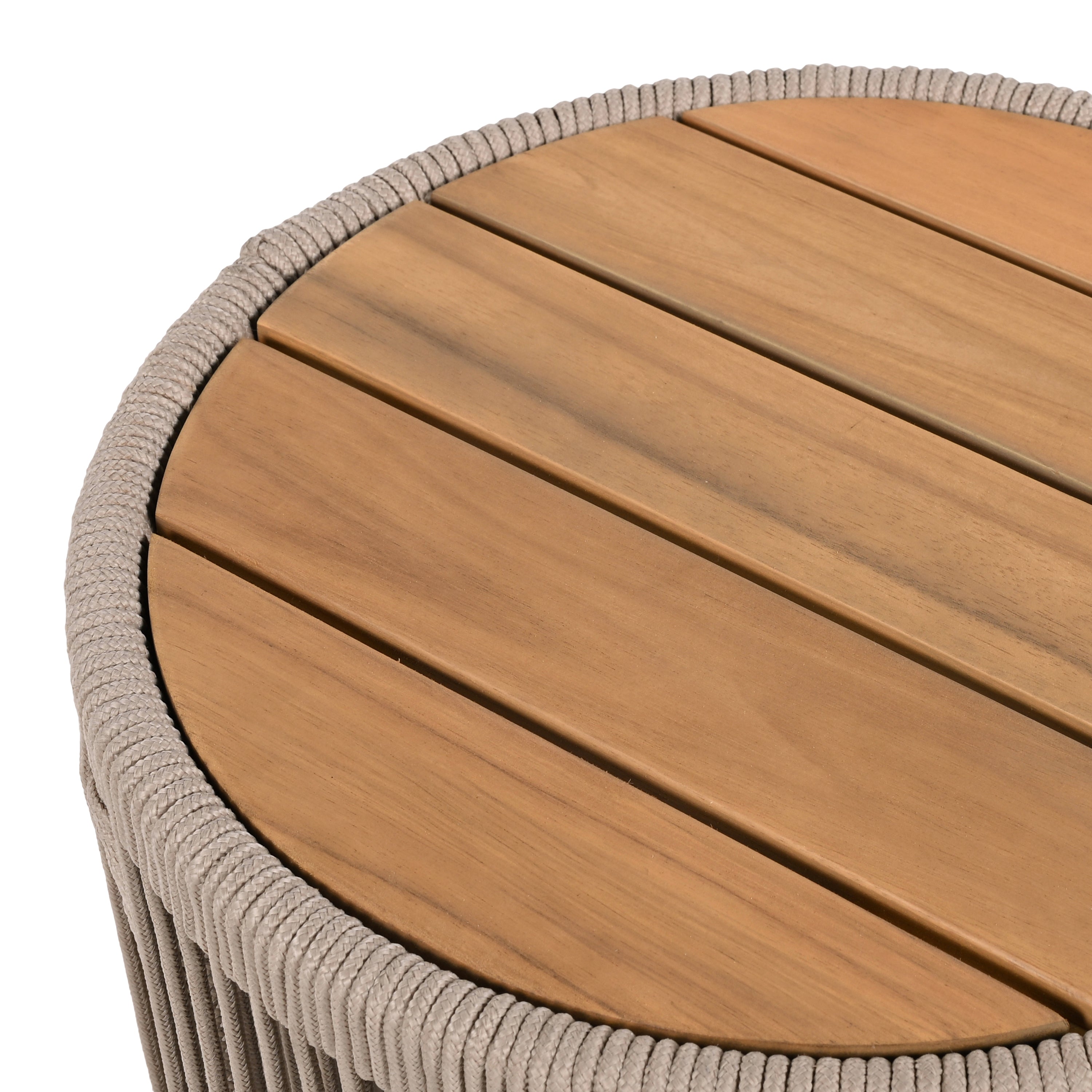 Outdoor Rattan rope & Acacia Wood Side Table - Patio Balcony Furniture for Garden, Yard, Balcony - Weather Resistant(Rope Beige, Natural Iron)