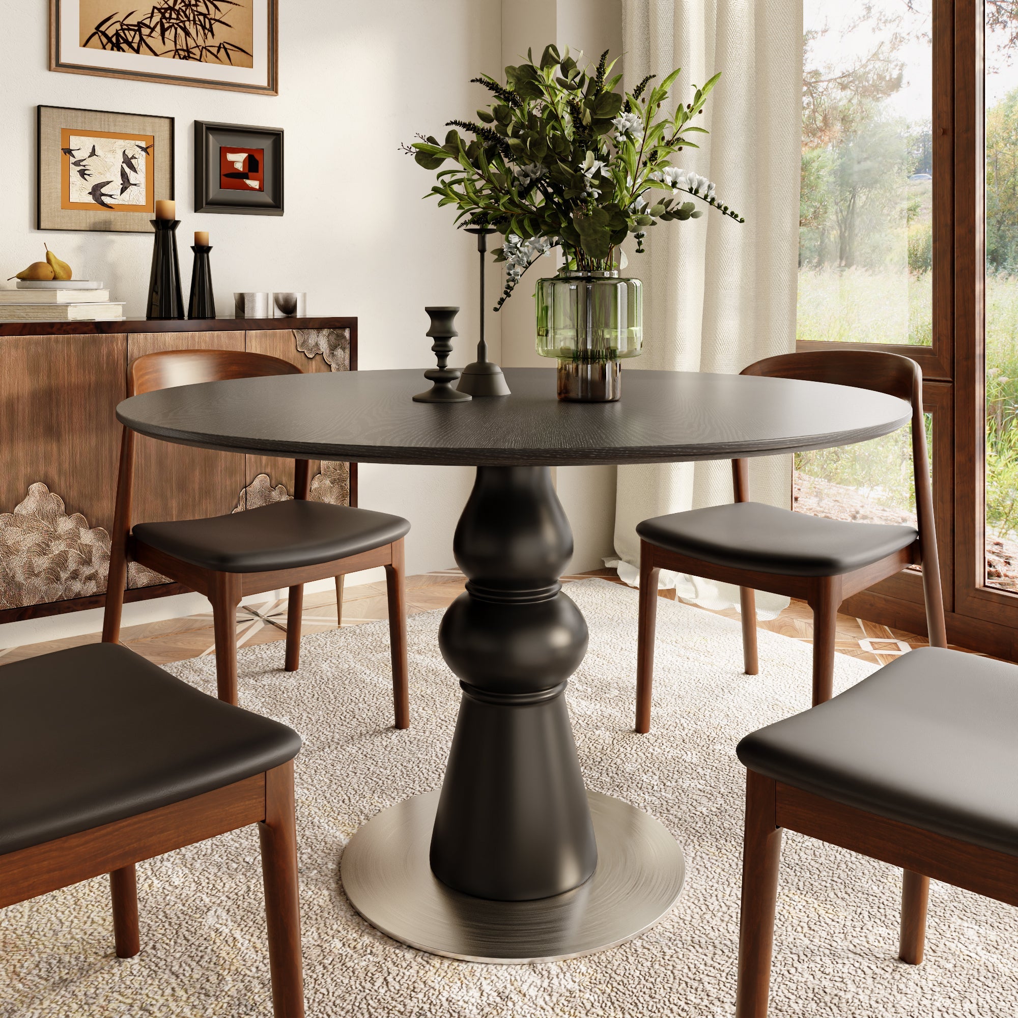 43' Modern Round Dining Table - Black Solid Wood Tabletop, Small Kitchen Table For 2-4 Person